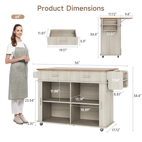 56" Kitchen Island on Wheels with Drop Leaf Countertop, Large Mobile Island Table with 2 Drawers and Spice Rack and Tower Rack, Mid-Century Modern Island Cart w/Storage for Kitchen, Off White - color: Off White