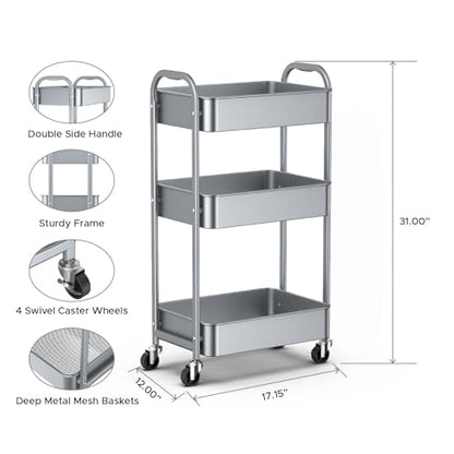 MAX Houser 3-Tier Rolling Utility Cart with Caster Wheels,Easy Assembly, for Kitchen, Bathroom (Silvery-Grey) (Pack of 3) - color: Silvery-grey, size: 3-Tier Standard Cart (Pack of 3)