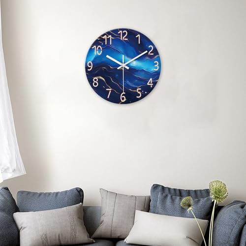 Glass Wall Clocks Battery Operated 12 Inch | Blue Marble Wall Clock for Kitchen Bedroom Office Abstract Analog Silent Wall Clock Non Ticking - color: Blue1, size: 12 Inch