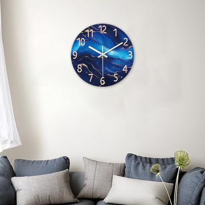 Glass Wall Clocks Battery Operated 12 Inch | Blue Marble Wall Clock for Kitchen Bedroom Office Abstract Analog Silent Wall Clock Non Ticking - color: Blue1, size: 12 Inch