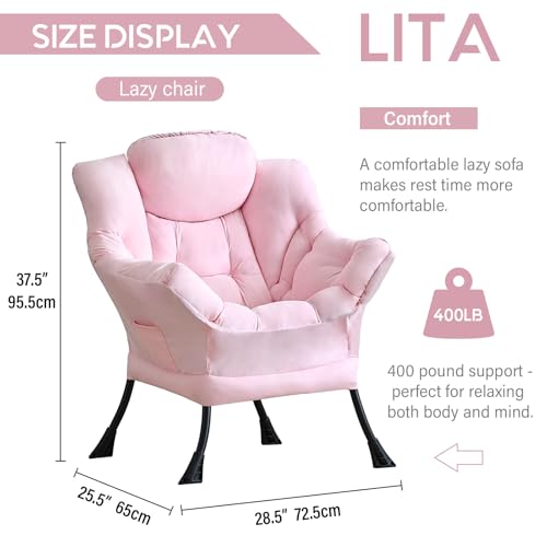Lazy Chair with Ottoman, Comfy Accent Reading Chair, Pink | Foldable Footrest,Removable Cover,with Armrests and Side Pockets,Upholstered Lounge Chair for Bedroom,Dorm,Office,Small Space - color: Single Pink