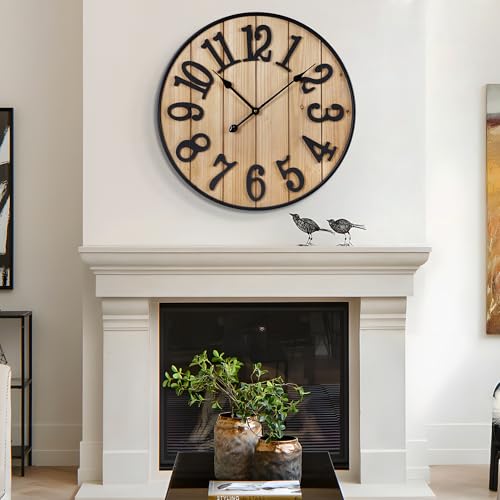 Large Wall Clock 30IN, Silent Metal Wood Style Wall Clocks Battery Operated for Living Room Decor, Farmhouse Big wall Clock, Outdoor - color: Wood-arabic, size: 30IN