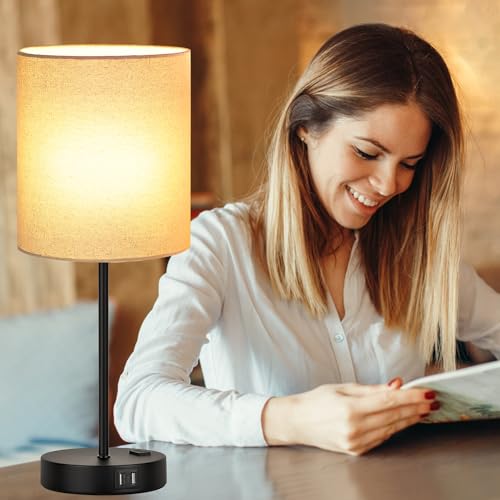 Lynnoland Set of 2 Touch Beige Table Lamps with 2 USB Ports & AC Outlet, 3-Way Dimmable Bedside Nightstand Lamps for Living Room Nursery Office Bedroom, 800 Lumens 2700K Warm Bulbs Included - color: (2 Pack)Beige Linen & Matte Black(Base)-2700K Bulbs Incl