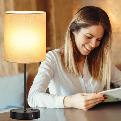 Lynnoland Set of 2 Touch Beige Table Lamps with 2 USB Ports & AC Outlet, 3-Way Dimmable Bedside Nightstand Lamps for Living Room Nursery Office Bedroom, 800 Lumens 2700K Warm Bulbs Included - color: (2 Pack)Beige Linen & Matte Black(Base)-2700K Bulbs Incl
