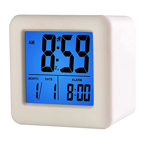 Plumeet Easy to Set Digital Travel Alarm Clock, Snooze Function, Soft Night Light, Large Screen time and Month and Date Display and Alarm, Progressive Sound Alarm and Handy Size (White) - color: White