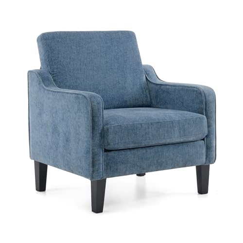 VINGLI Chair Navy Blue Upholstered Chenille Accent Chair for Living Room, Bedroom, Mid-Century Modern Arm Chair Comfy Reading Chair with Scooped Arms - color: Navy Blue