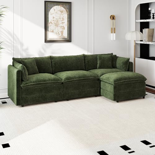 Aoowow Modular Sectional Sofa Modern Convertible L Shaped Couch,112.2 Inch Deep 3-Seater Sofas Set Comfy Chenille Cloud Sofas and Couches with Movable Ottoman for Living Room Apartment（Green） - color: Green-new, size: 3 Seat + Ottoman