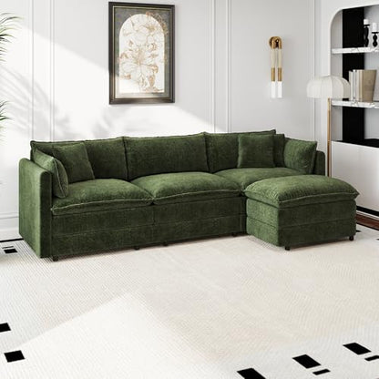 Aoowow Modular Sectional Sofa Modern Convertible L Shaped Couch,112.2 Inch Deep 3-Seater Sofas Set Comfy Chenille Cloud Sofas and Couches with Movable Ottoman for Living Room Apartment（Green） - color: Green-new, size: 3 Seat + Ottoman