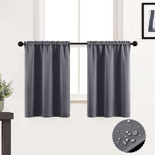XTMYI Small Window Curtains for Bathroom,Waterproof Short Blackout Kitchen Curtains 24 Inch Length Sets for Cafe,Grey - color: Grey, size: 30"W x 24"L (Pack of 2)