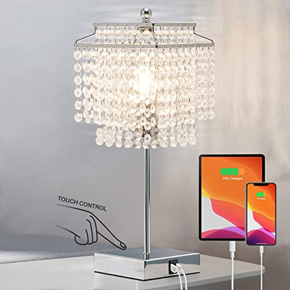 Touch Crystal Table Lamp Silver, Bedside Lamp with USB C+A Ports, Dimmable Nightstand Lamp with Crystal Shade, Bedroom Lamp for Girls Bedroom, Living Room, Bulb Included - color: Silver