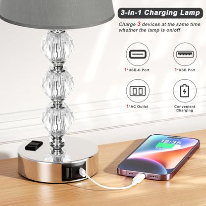 Crystal Table Lamp Set of 2 for Bedroom/Living Room, 14.6in (Gray) | 3 Way Dimmable Touch Control, Bedside Nightstand Light, USB C & A Ports, Metal Base, FREE Bulbs Included, Modern Design