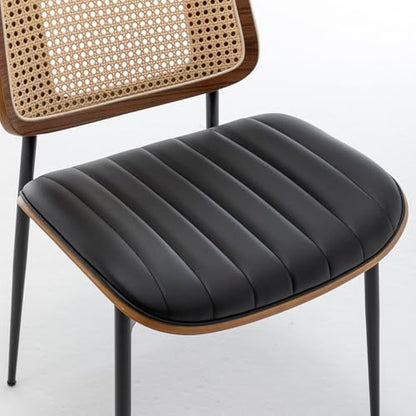 LUNLING Dining Chairs Set of 4 Mid Century Modern Retro Faux Leather Kitchen Chair with Walnut Bentwood Upholstered Seat Metal Legs Adjustable Foot for Kitchen Dining Room Chairs(Black-Rattan Back) - color: Black2, size: Set of 4