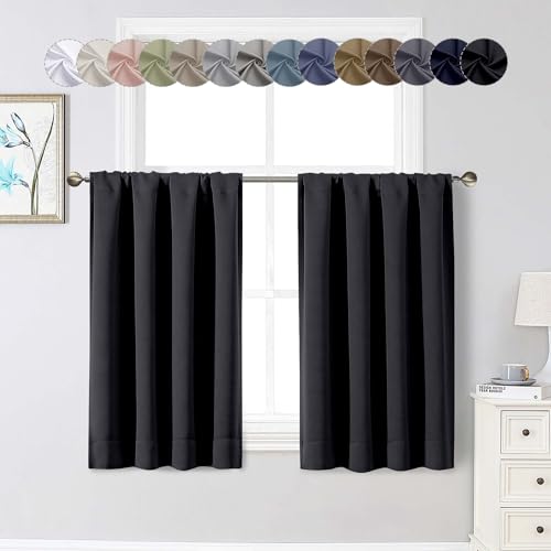 Black Cafe Blackout Curtains 36 Inch Length 2 Panels Set, Soft Solid Thermal Insulated Room Darkening Small Window Curtains for Kitchen Bathroom Basement, Black, Each, 40" Wx36 L - color: Black, size: 40"W x 36"L (Pack of 2)