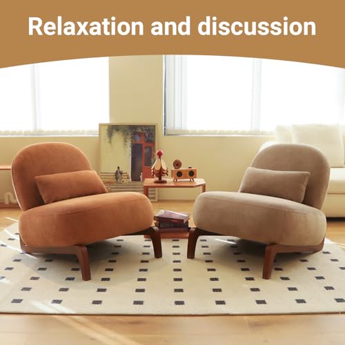 Camel Velvet Slippers Chair with Solid Wooden Legs, Low Profile Design | Cute Armless Accent Chair with Soft Cushion, Comfy Upholstered Side Chairs for Living Room, Bedroom, Balcony or Reading Room - color: Camel