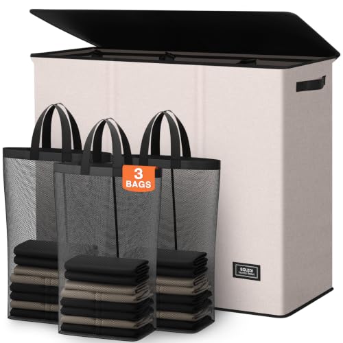 SOLEDI Large Laundry hamper 3 Section with Laundry Bag, XL Clothes Basket | 3-Section Large capacity Laundry Sorter with Odor-Blocking Lid, Robust Iron Frame & Waterproof 600D Fabric, 3 Washable Bags - color: Beige, size: 180L