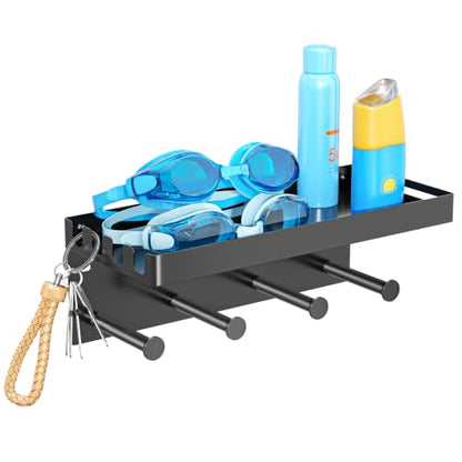 Pool Towel Racks with Shelf Wall Mounted, Pool Towel Holder Outdoor with 4 Hooks, Metal Towel Hanger Pool Accessories Organizer for Robe, Towel, Coat, Swimsuit, Bag, Keys