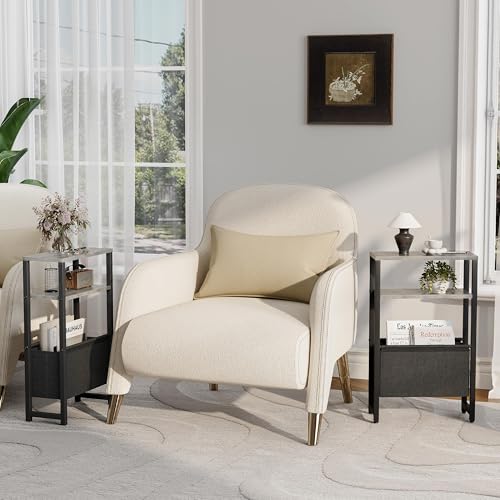Narrow Side Table, Slim End Table with Magazine Rack, Skinny Bedside Table for Small Spaces, 3 Tier Sofa Couch Table Nightstand for Living Room, Bedroom,Oak Grey LET503Q - color: Oak Grey, style: No Charging Station