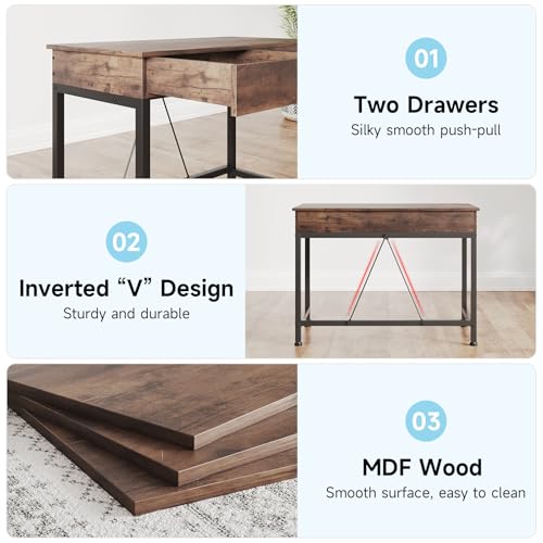 Mexin Small Desk with 2 Wooden Drawers, 40 Inch Home Office Writing Desk, Vanity Desk with Storage, Computer Desk for Bedroom Small Spaces, Table for Office, Kids Study, Makeup, Rustic Brown - color: Rustic Brown