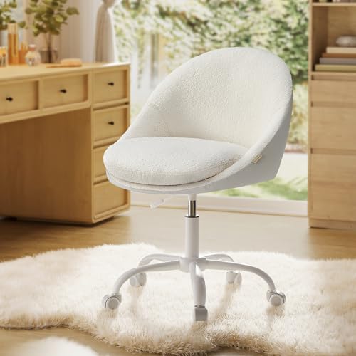 VASAGLE Vanity Chair, Adjustable Swivel with Back and Wheels | Cute desk chair, sherpa and PU leather for lumbar support, compact for small spaces, bedroom - color: Cappuccino Beige+cloud White, size: Set of 1, style: Vanity Chair
