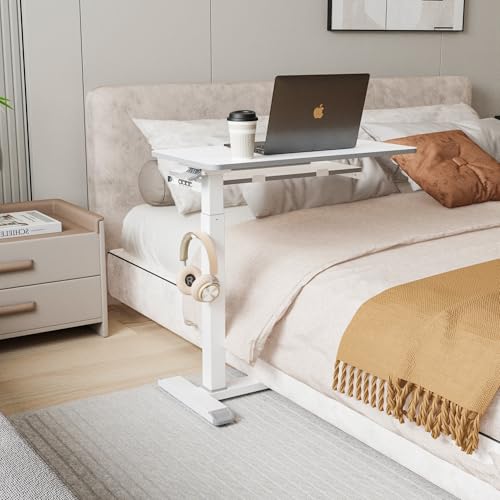 ETHU Overbed Table with Wheels, Medical Table with Drawer, Hospital Bed Table, Workstation Desk, Adjustable Overbed Bedside Rolling Laptop Desk, Marble White | Mobile Table Tray for Sofa Side, Hospital Bed Workstation Table for Home and Office Laptop Use,