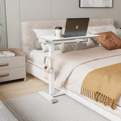 ETHU Overbed Table with Wheels, Medical Table with Drawer, Hospital Bed Table, Workstation Desk, Adjustable Overbed Bedside Rolling Laptop Desk, Marble White | Mobile Table Tray for Sofa Side, Hospital Bed Workstation Table for Home and Office Laptop Use,