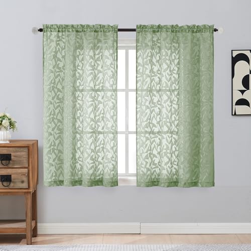 Gwine Sage Green Curtains 45 Inch Length 2 Panels, Light Filtering Leaf Clip Jacquard Textured Short Window Curtains, Rod Pocket Farmhouse Window Treatments Curtain for Bedroom Living Room, 42"Wx45"L - color: Sage Green, size: 42"W x 45"L (Pack of 2)