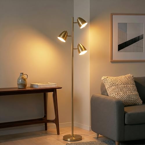 Brightech Jacob LED Standing Lamp, Modern Bright Floor Lamps for Living Rooms & Bedrooms, Tall LED Lighting Lamp with Adjustable 3 Light Tree – Antique Brass/Gold - color: Brass