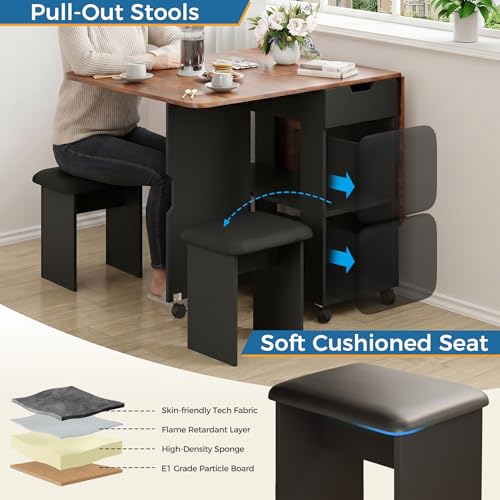 Mondeer 55" Folding Dining Table and Chairs Set 4, Cushioned Stools | 2 Drawers, Storage Shelves, Space Saving Table and Chairs for Kitchen Dining Room Small Spaces, Rustic Brown and Black - color: Rustic Brown and Black