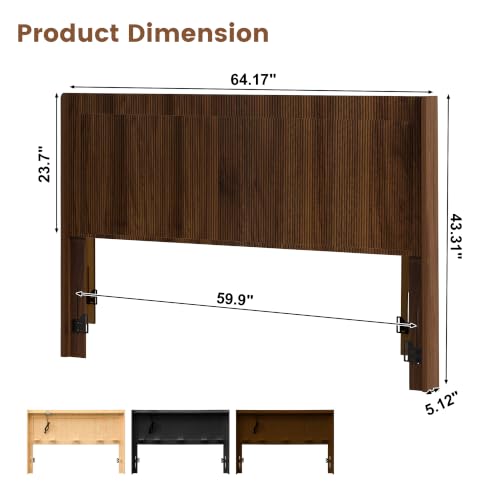Queen Size Headboard Only, Modern Fluted Headboard with Lighting&Power Outlets, Wall Mounted Head Board with Storage, Anti-Tip Kit, Height Adjustable, Walnut Brown - color: Walnut Brown, size: Queen