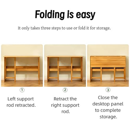 Bamboo Folding Desk, Mid Century Modern Sturdy & Space-Saving Hideaway Desk for Home Office Bedroom Small Spaces, Fold Out Desk with Storage Ergonomic Height Murphy Desk (Natural) - color: Natural