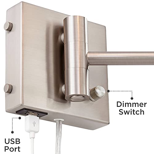 Vero Brushed Nickel Swing Arm Plug-In USB Wall Lamps Set of 2 Light Fixture | Modern Charging Port White Hardback Drum Shade for Bedroom Bedside Living Room Reading House