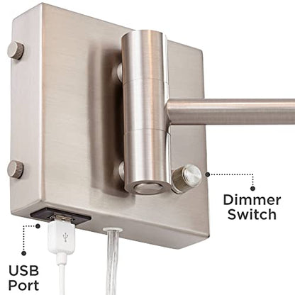 Vero Brushed Nickel Swing Arm Plug-In USB Wall Lamps Set of 2 Light Fixture | Modern Charging Port White Hardback Drum Shade for Bedroom Bedside Living Room Reading House