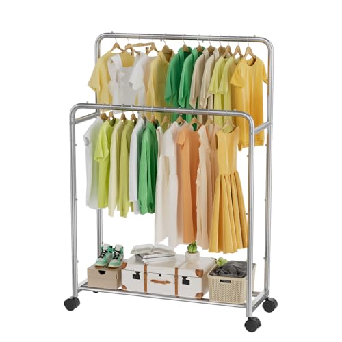Simple Trending Clothing Clothes Rack, Double Rod Garment Rack, Silver | Portable Closet with Bottom Shelf, Anti-Slip Stoppers, 360° Lockable Wheels, Multiple Uses, Bedroom, Laundry Room - color: Sliver