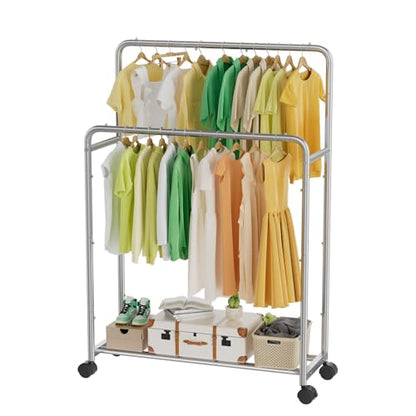 Simple Trending Clothing Clothes Rack, Double Rod Garment Rack, Silver | Portable Closet with Bottom Shelf, Anti-Slip Stoppers, 360° Lockable Wheels, Multiple Uses, Bedroom, Laundry Room - color: Sliver