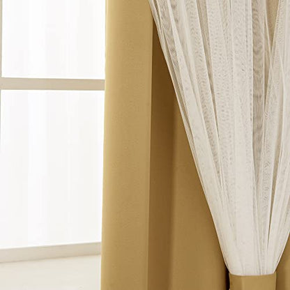 INLINAS Blackout Curtains with Sheer Overlay, Gold, 37x72 Inches | Grommet Top Double Layer Curtains for Bedroom and Living Room Thermal Reduction Light Blocking and Energy Saving, Set of 2 - color: Gold, size: 37"W x 72"L (Pack of 2)