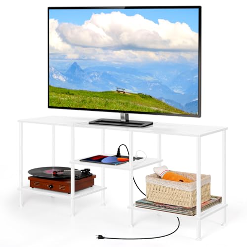 White TV Stand Bedroom with Power Outlets, Small Entertainment Center Stand with Open Storage Shelves for TVs up to 50 Inch, Wood TV Media Console Table with for Living Room, Bedroom - color: White