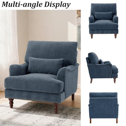 Mid-Century Modern Accent Chair with Lumbar Pillow, Navy, 2 Pack | Upholstered Chenille Armchair, Solid Wood Frame & Legs, Comfy Reading Lounge Sofa for Living Room Bedroom, & Small Spaces - color: Chenille Navy, size: 2 Seat
