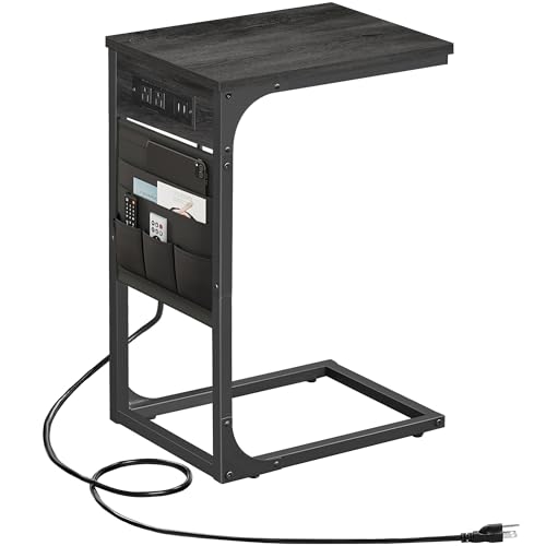 TUTOTAK C Shaped End Table with Charging Station, Side Table for Sofa | Couch Table with Storage Bag, TV Tray with 2 USB Ports and Outlets, Living Room and Bedroom, Grey TB01BY024 - color: Grey, size: 1 Pack (11.8"W), style: With Plug
