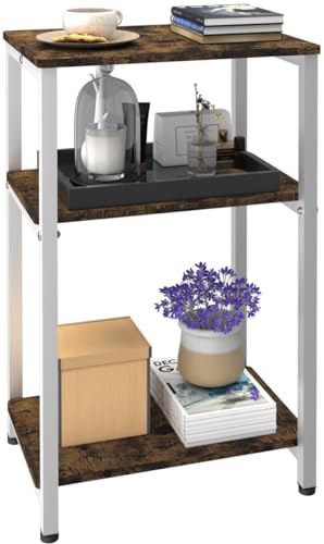 3 Tier Side Table, Heavy Duty End Table with Shelves, Narrow Nightstand for Small Spaces Home Decor, Record Player Table for Living Room, Bedroom, Sofa Couch - Rustic Brown & White - color: White, size: 3-Tier