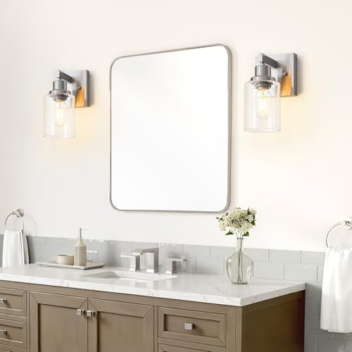 Bathroom Wall Sconces Set of 2,Brushed Nickel Wall Sconce,Vanity Light with Clear Glass Wall Mounted Light Fixture,Farmhouse Wall Lamp for Bedroom Living Room Mirror Hallway - color: Nickel, size: 1-light(2pcs)