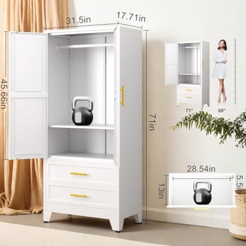 GAIOUS Metal Wardrobe Cabinet with Hanging Rod, Clothing Storage Cabinets | with 2 Door, 1 Adjustable Shelf and 2 Drawers, 71" Steel Armoire Wardrobe Closet for Bedroom, Gym, Cloak Room (White) - color: 2 Drawer White, size: 17.71"D x 31.5"W x 71"H
