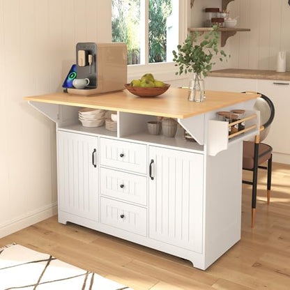 55.7" W Kitchen Island with 2 Drop Leaf, Moblie Kitchen Cart On Wheels with Storage Cabinet, 3 Drawers, Multifunctional Rolling Dining Table with Power Outlet, Spice & Towel Rack (White-v) - color: White-v)