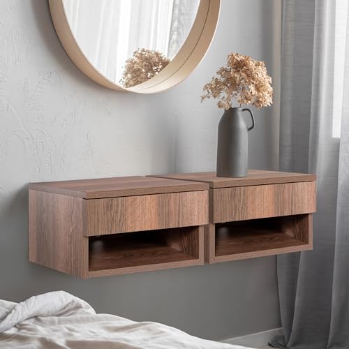 JONATHAN Y Ettore 15.7" Wall Mounted Nightstand, Brown | Soft-Close Drawer, Open Storage Cubby, Built-In Cable Management Hole, Minimalist Wood-Grain Laminate, Floating Design - color: Dark Brown, size: Set of 1, style: Ettore