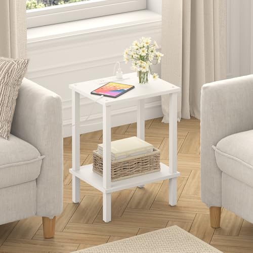 TUTOTAK End Table with Charging Station, Side Table Set of 2, Nightstand | 2-Tier Storage Shelf, Bedside Table with USB Ports, Sofa Table for Small Space, Livingroom, Bedroom White TB01BW041 - color: White