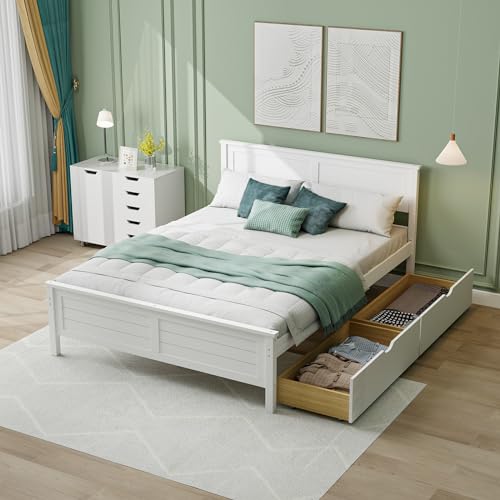 GIANTEX Wood Full Size Bed Frame with 2 Storage Drawers, Solid Wood Platform Bed with Headboard, Wooden Slats Mattress Foundation, No Spring Needed, Full Bed Frame for Kids, Teens, Adults, White - color: White, size: Full