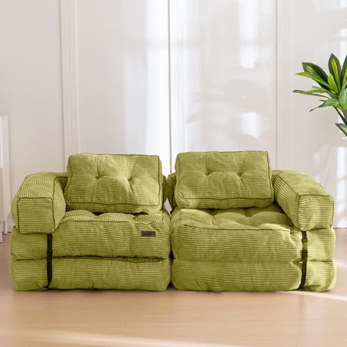 MAXYOYO Folding Sofa Bed, Convertible Chair Bed with Pillow | L-Shaped Floor Sofa with Armrest and Pillow, Foldable Portable Fold Out Comfy Chair Bed for Living Room Bedroom, Green - color: Green