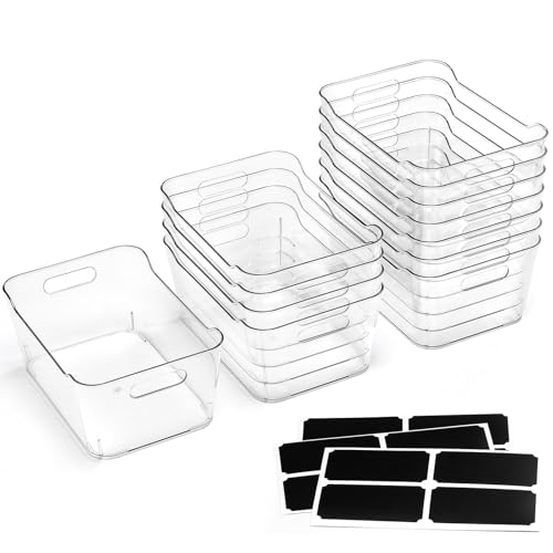 12 PACK Multi-Use Clear Plastic Storage Bins for Organizing w/Labels - Home, Kitchen, Pantry, Bathroom, Office, Cabinet Shelf Organizer Bins - SOHO Collection, RV, Fridge Organization Containers - L - size: Large
