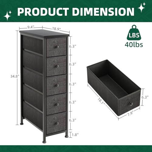 Narrow Dresser, 19" Wide Narrow Nightstand Dresser Storage Tower with 5 Drawers, Slim Fabric Dressers Chest of Drawers for Small Spaces, Wood Top & Fabric Bins for Bedroom Bathroom Closet (Black) - color: Black