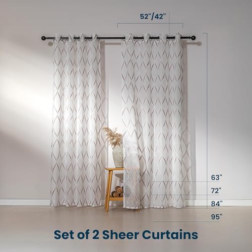 SLEEP ZONE Sheer Curtains for Living Room and Bedroom, Embroidered Sheer Curtains White Sheer Curtain 42 × 95 inches Long of 2 Panels, Off-White Waves - color: White Waves, size: 42"W×95"L