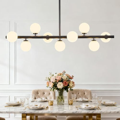 Mid Century Modern Globe Sputnik Chandelier, 9-Light Linear Chandeliers for Dining Room and Kitchen Island, Dining Light Fixture Over Table, Black and Milk White Glass Bubble, 40 Inch - color: Black Milk White, size: 9-Light 40 Inch